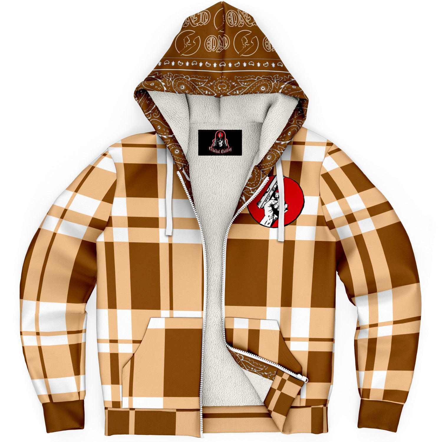 CNO Premium Plaid Fleece Lined Brown Zip Up Hoodie